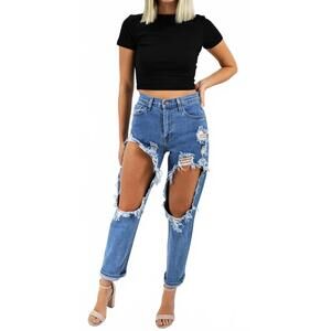 NEW VIBRANT into the wide-open destroyed mom jeans in medium blue denim
